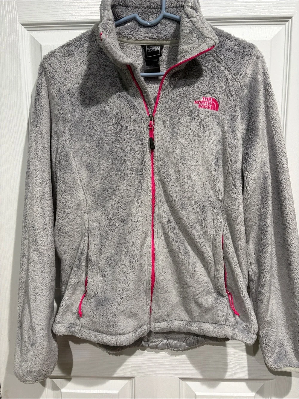 The North Face Light Gray Fuzzy Full-Zip Jacket with Pink Accents size medium